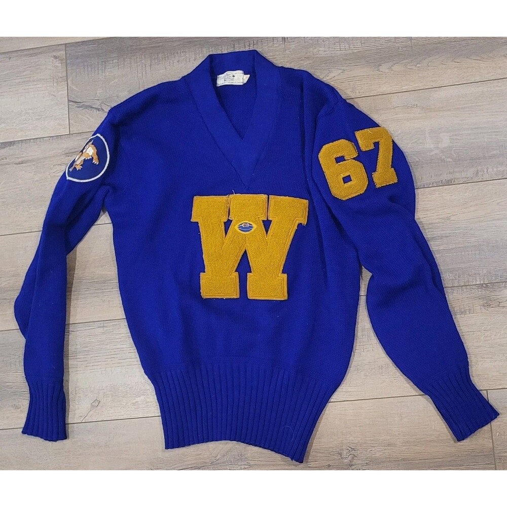 50s 60s New Era Wool Blue Pullover Sweatshirt Football "W" 67 & Mascot Patch 46